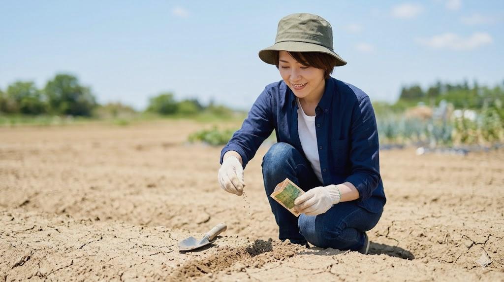マルチング材でキャベツ周辺の土を覆い泥はねを防ぐ家庭菜園の様子