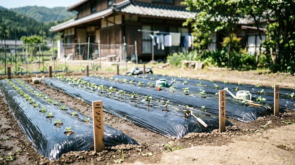 カボチャの実の下に敷き藁を設置して地面から守る様子