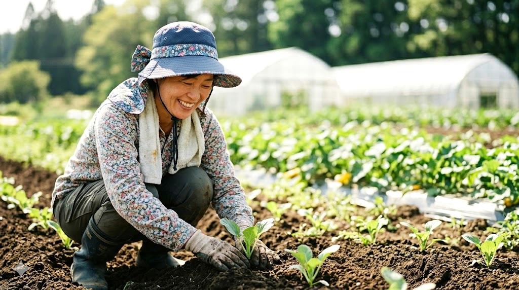 堆肥や腐葉土で土を豊かにするナス畑の様子
