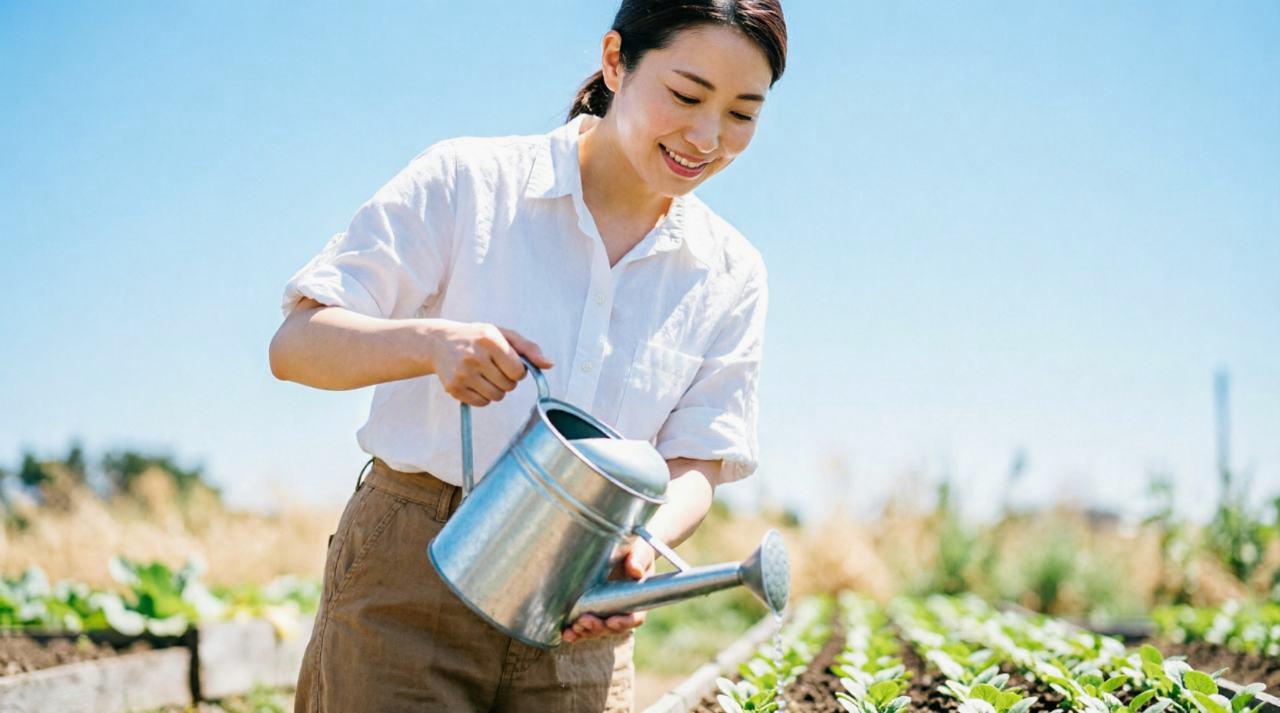 発芽したキャベツの小さな芽を育てている家庭菜園の様子