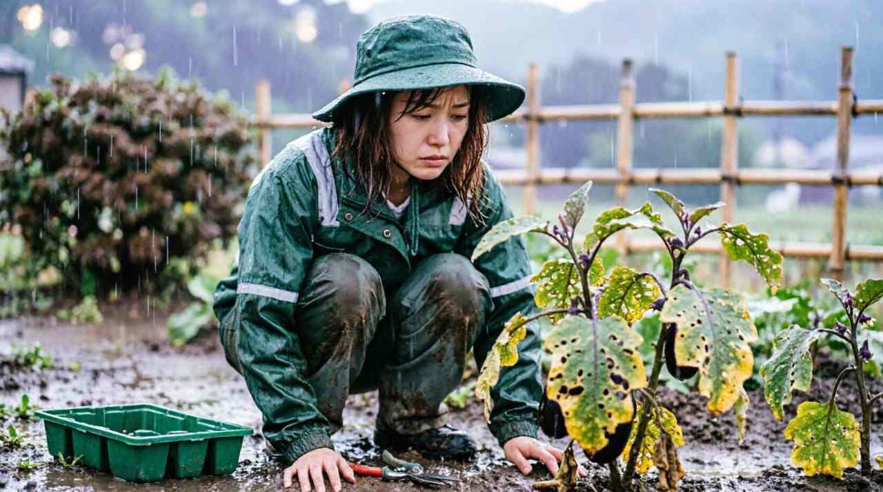 しおれて黄色くなったズッキーニの下葉と、株元のぐらつきを確認する手