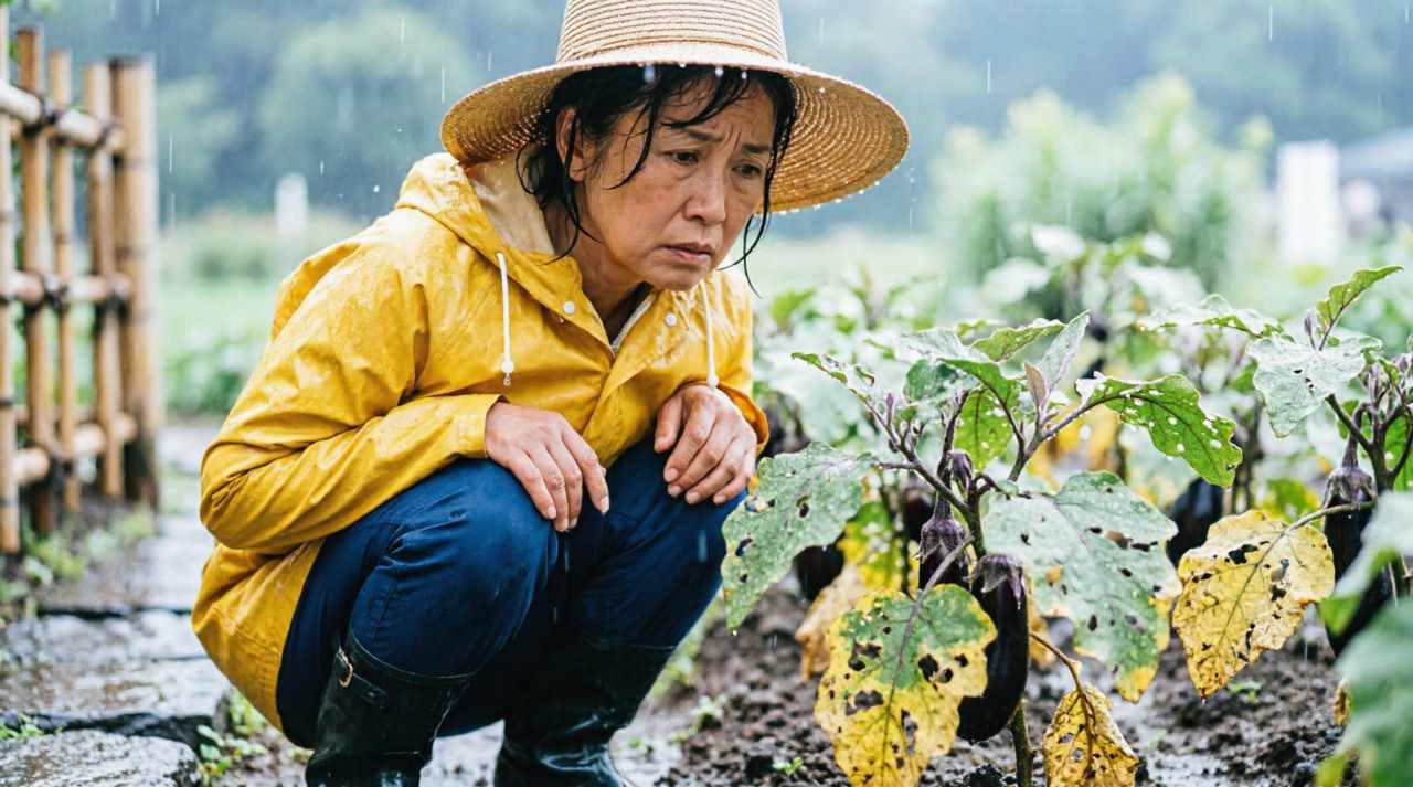 家庭菜園でズッキーニの害虫対策を行う様子