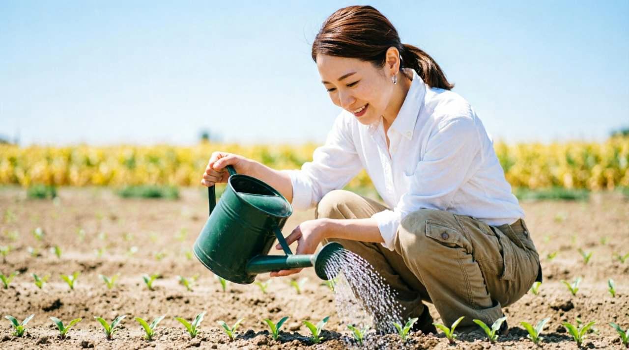 生育初期のラッカセイ苗を手入れする畑作業