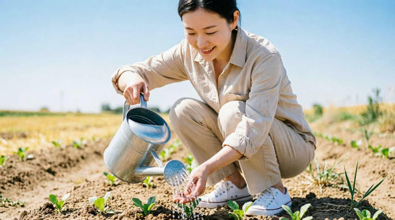 発芽前のキャベツの土へ適量の水を与えている様子