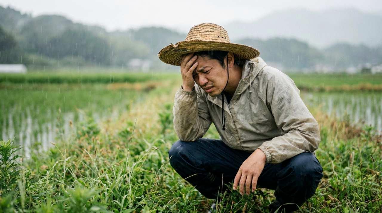 7月の炎天下で庭一面に生い茂った雑草を見て困惑する様子