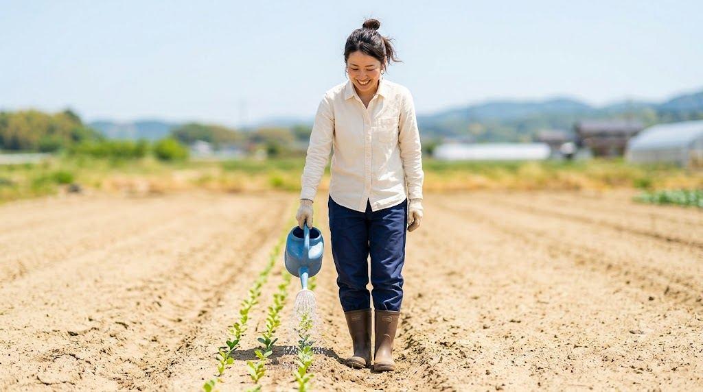 午前中の安定した育苗ハウスでメロン播種を仕上げる総まとめイメージ