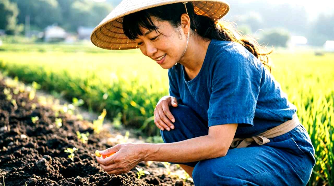 畝に植え付けられたトウモロコシの苗と家庭菜園