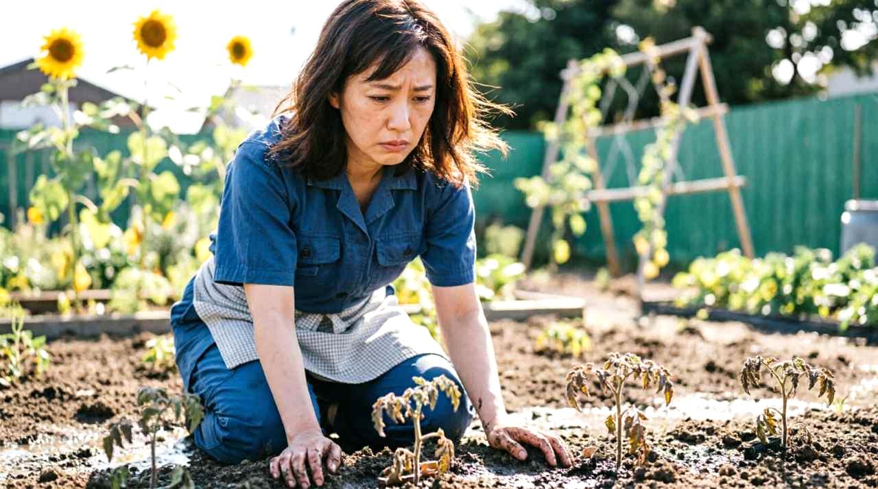 真夏の畑で高温にさらされるズッキーニの株と暑さ対策の様子