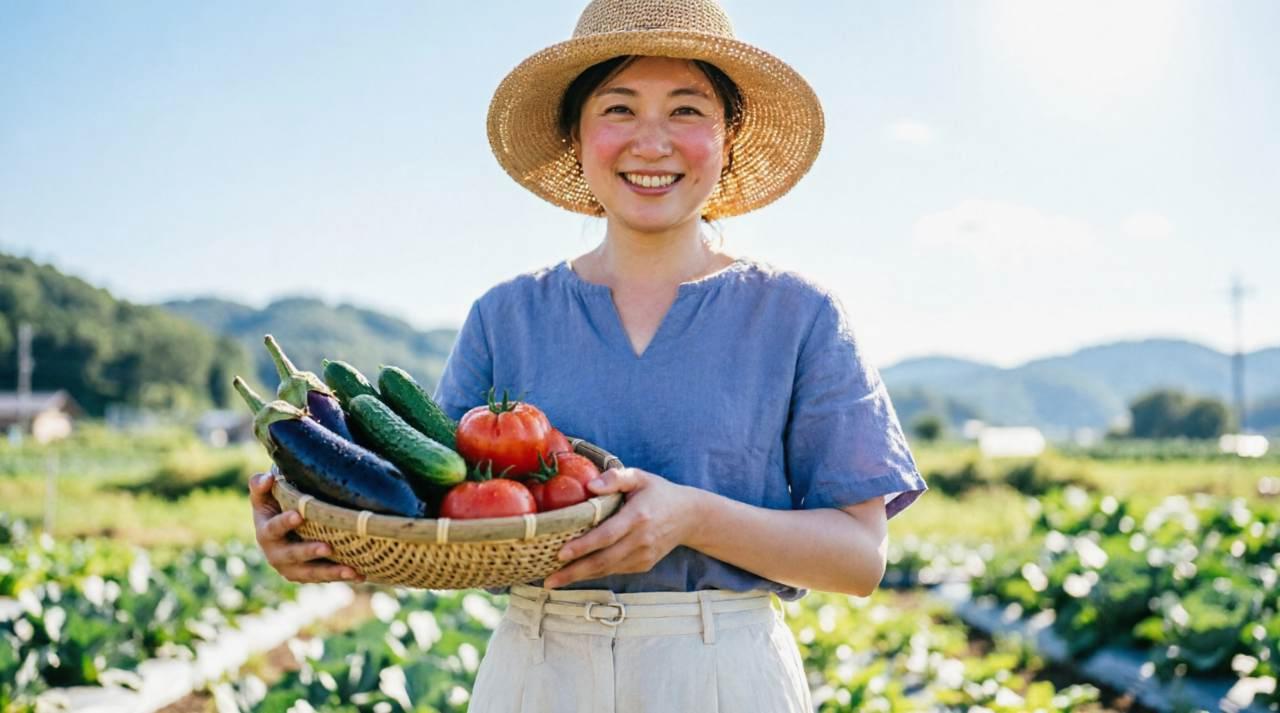 仙台で収穫されたいんげん豆を手に持つ笑顔の画像