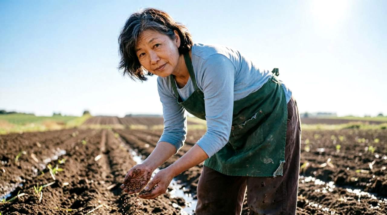 北海道の畑で野菜苗を植え付ける様子