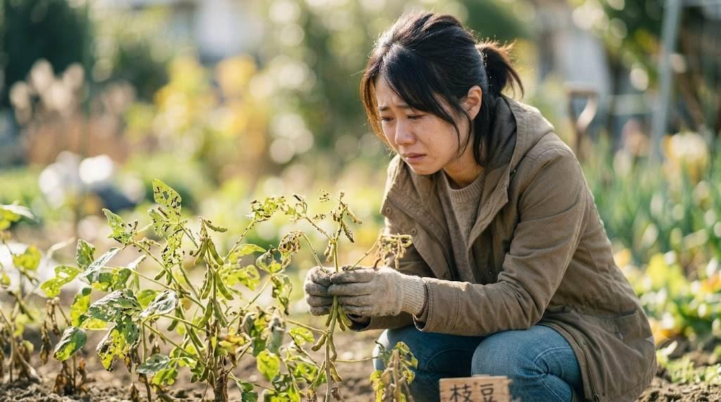 防虫ネットで覆われた元気なえんどう豆の家庭菜園