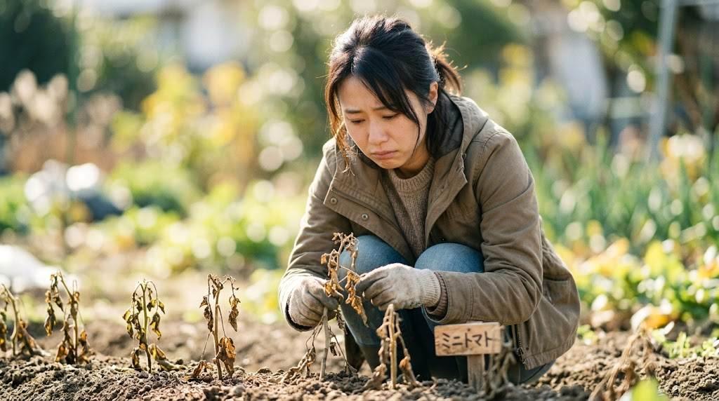 虫食い被害を受けたズッキーニの葉と実を確認する様子
