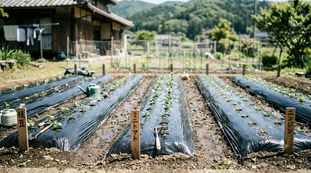 黒マルチを敷いた畑で地温が上がりやすい様子