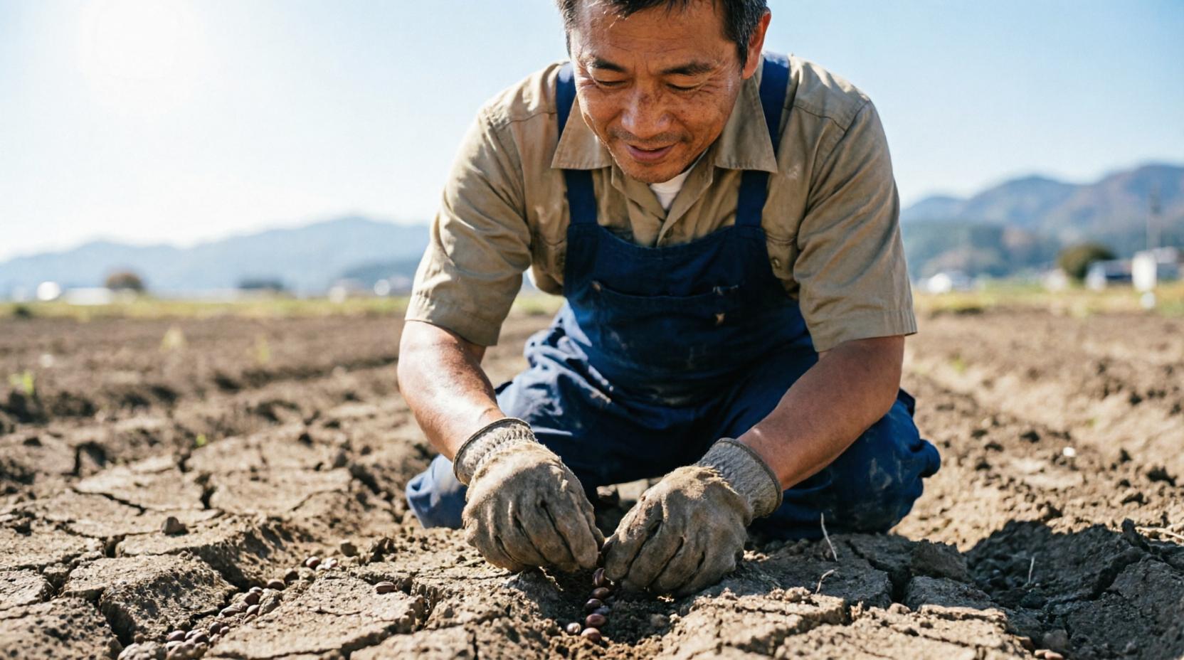 植え付け前の畑で土を整える作業と土壌改良の様子