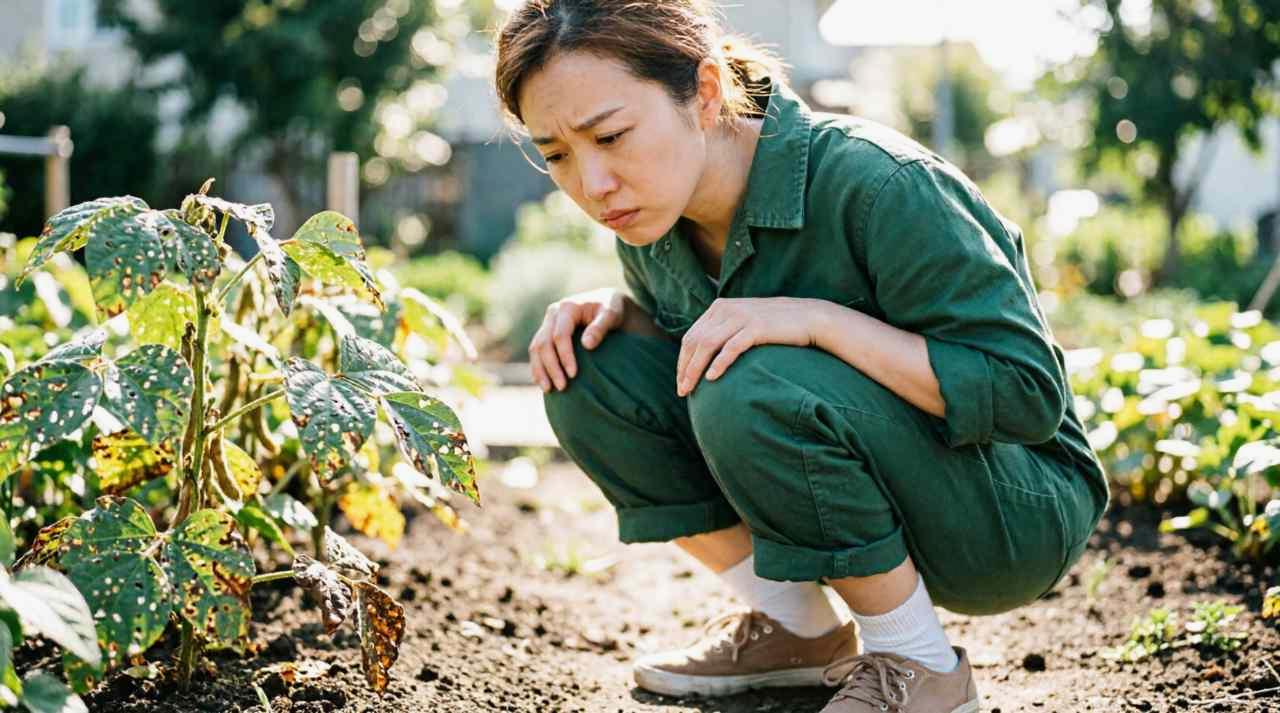 小松菜の葉を食害する害虫と被害を受けた家庭菜園の様子
