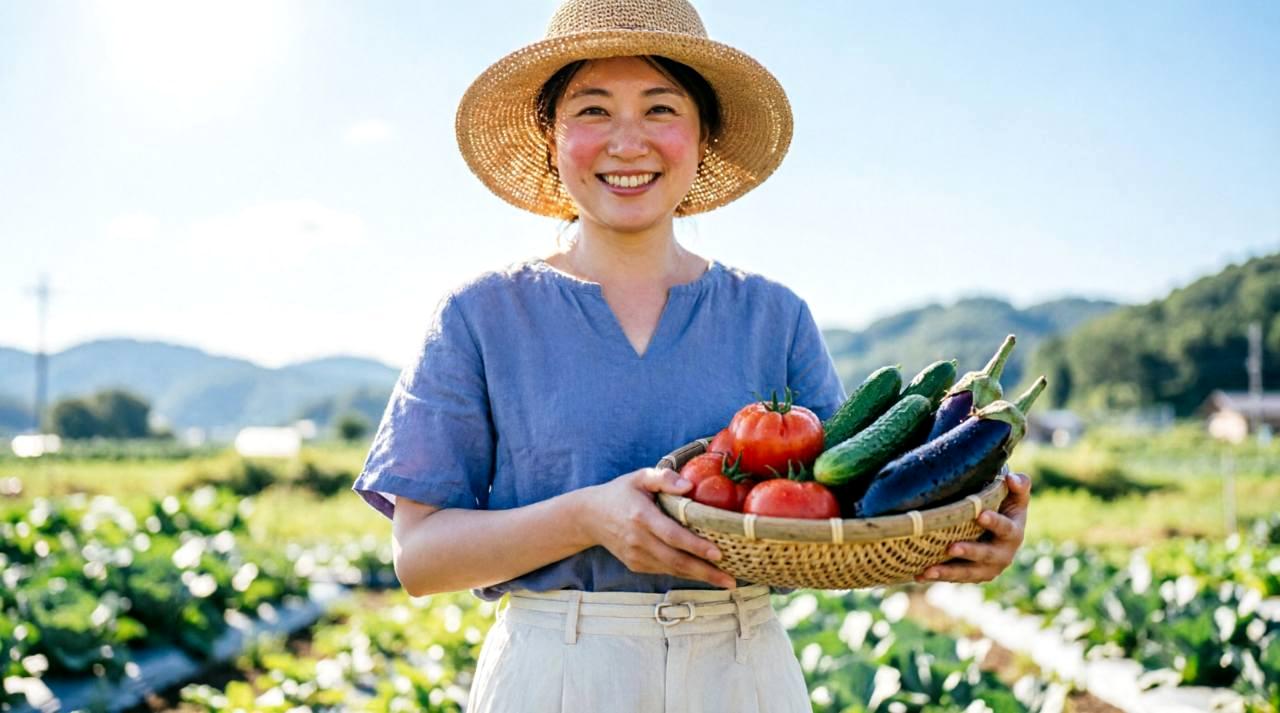 剪定を工夫して収量が2倍になったえんどう豆の豊作を笑顔で収穫する様子