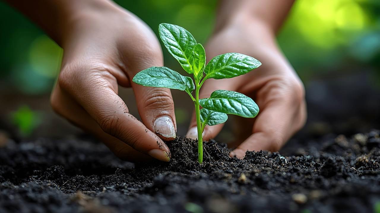 いんげん豆畑の土壌を確認している様子