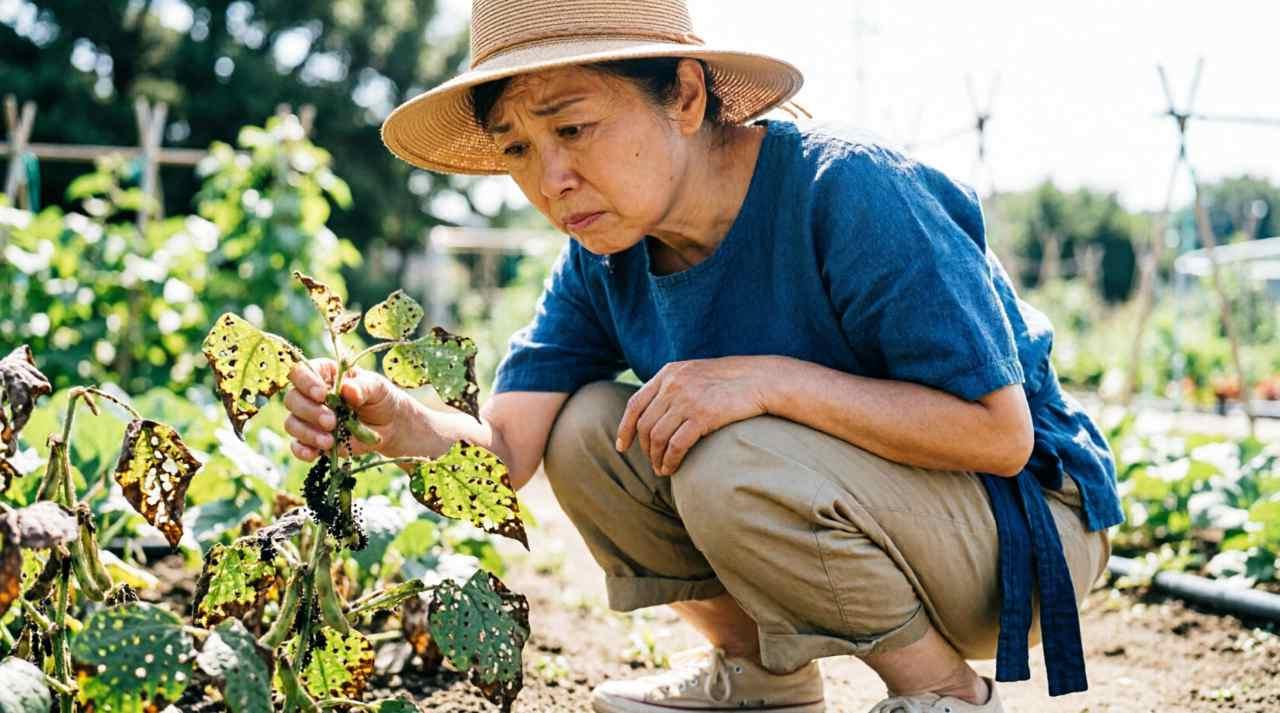 掘り返された土で露出したメロンの根元