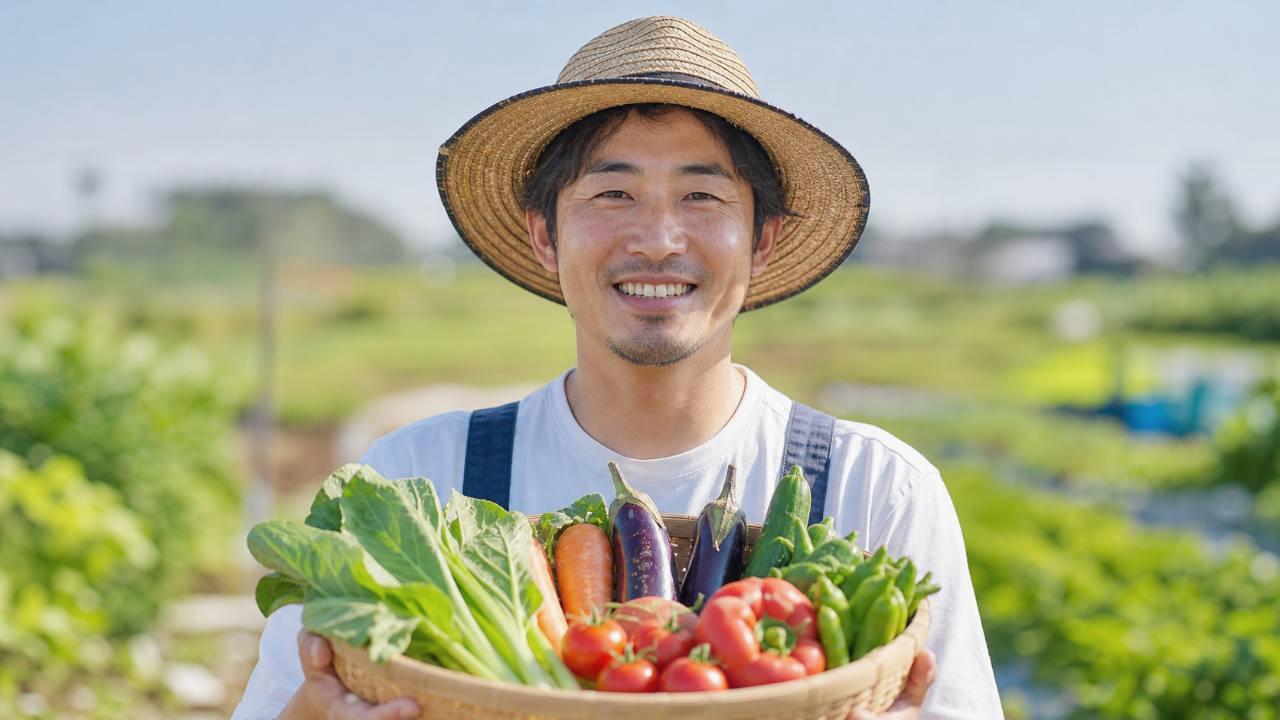元気に育ったチンゲンサイを収穫する家庭菜園の様子
