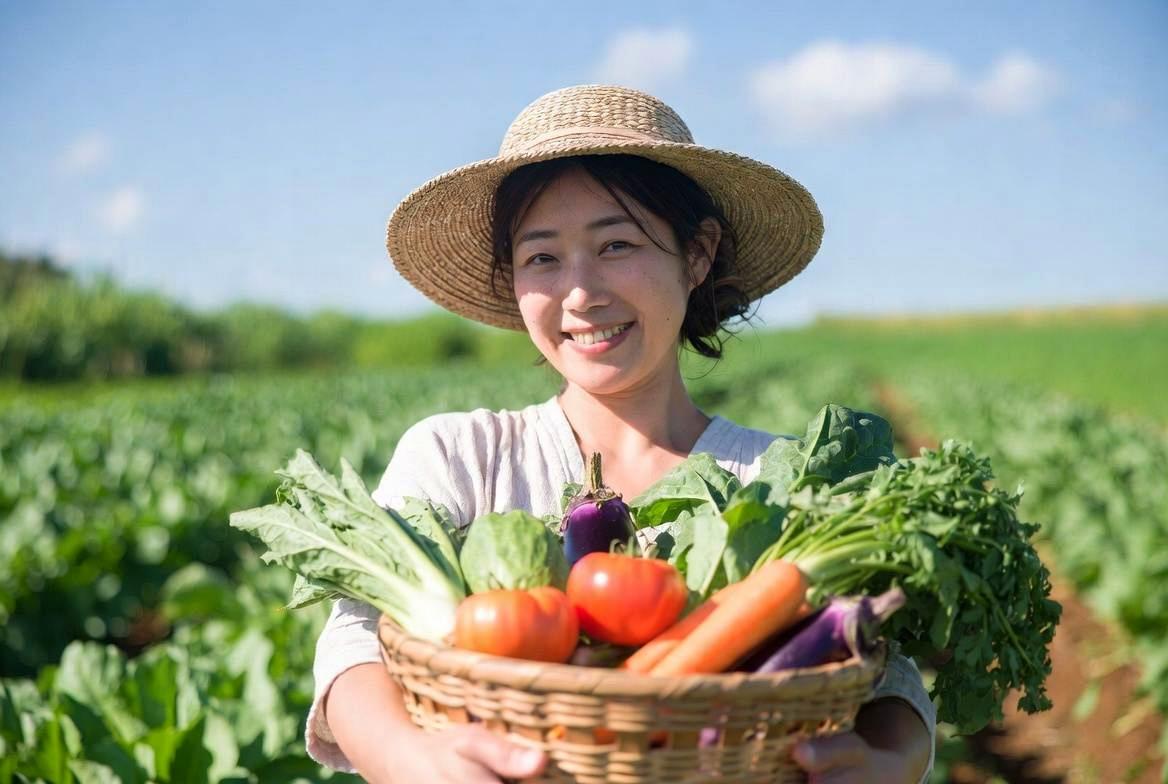 元気に成長した小松菜を家庭菜園で管理する様子