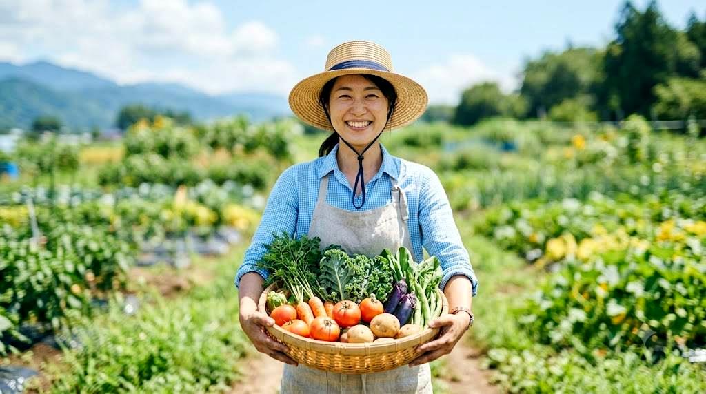 元気に育ったピーマンを収穫して喜ぶ家庭菜園の様子