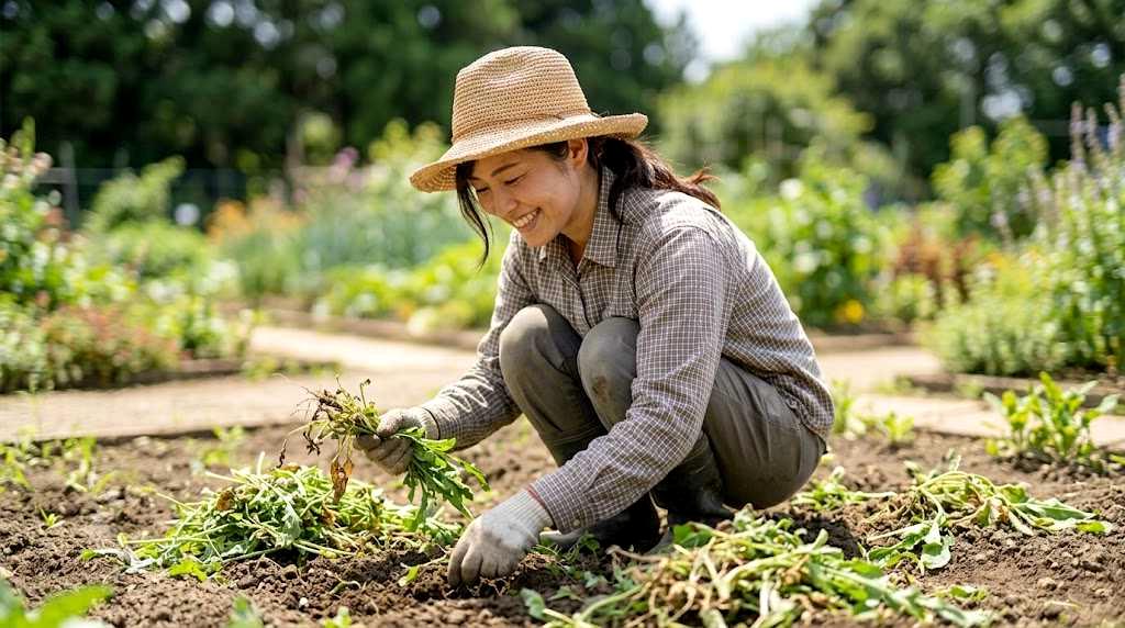 畑に残った未分解の雑草による失敗例を示す様子