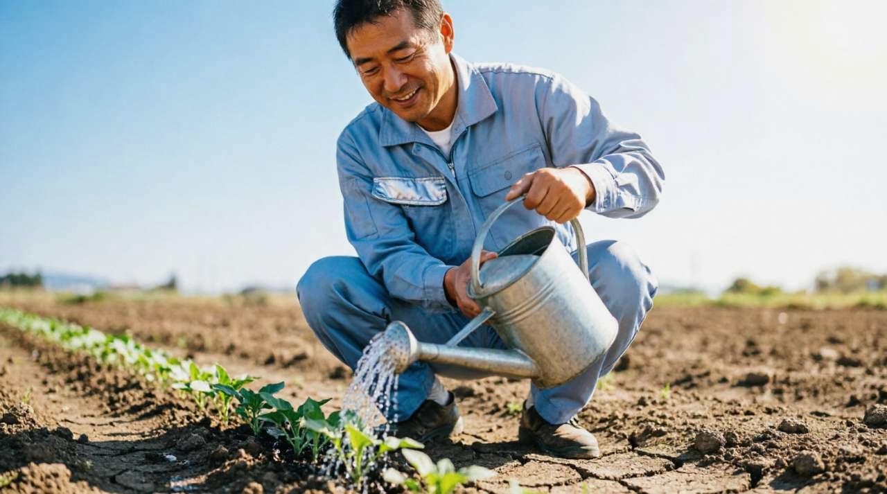 日当たりの良い場所で水やりをするメロン苗