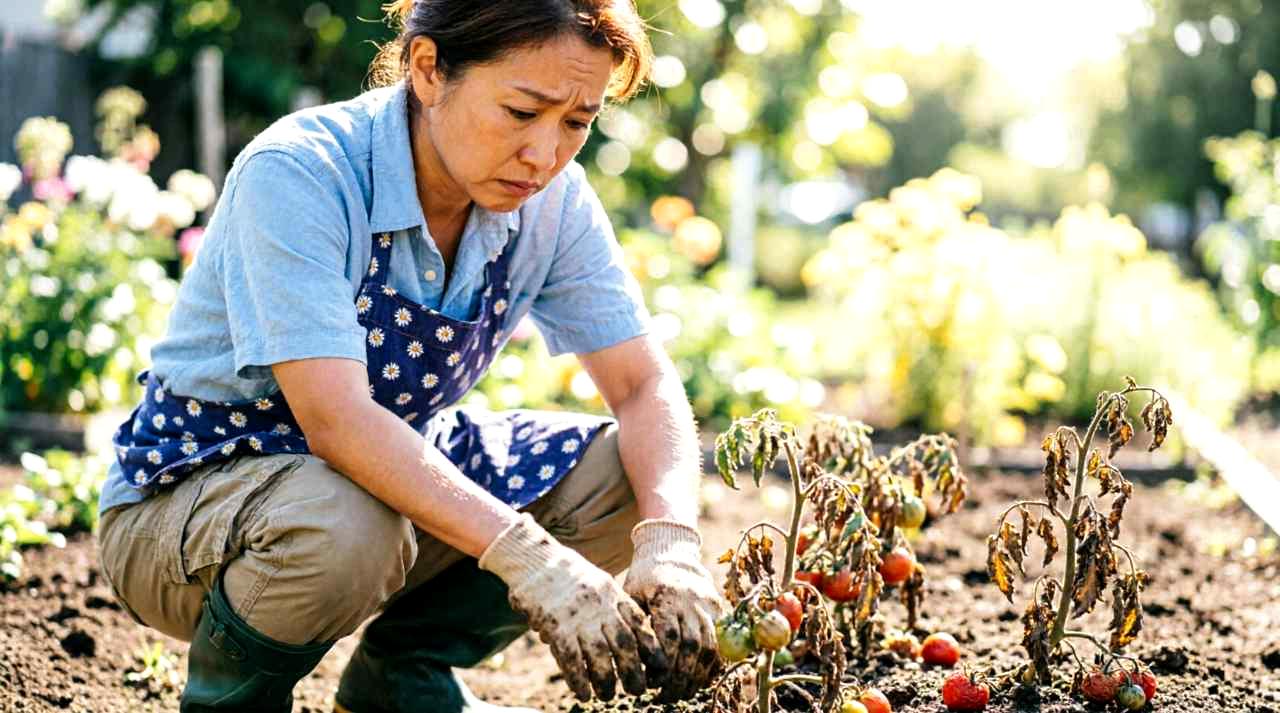 手に取ったヘチマの葉を裏返し、ルーペで害虫の有無を確認している様子