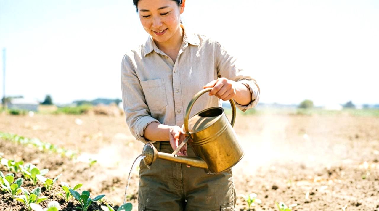 防虫ネット内で成長する春野菜の手入れ風景