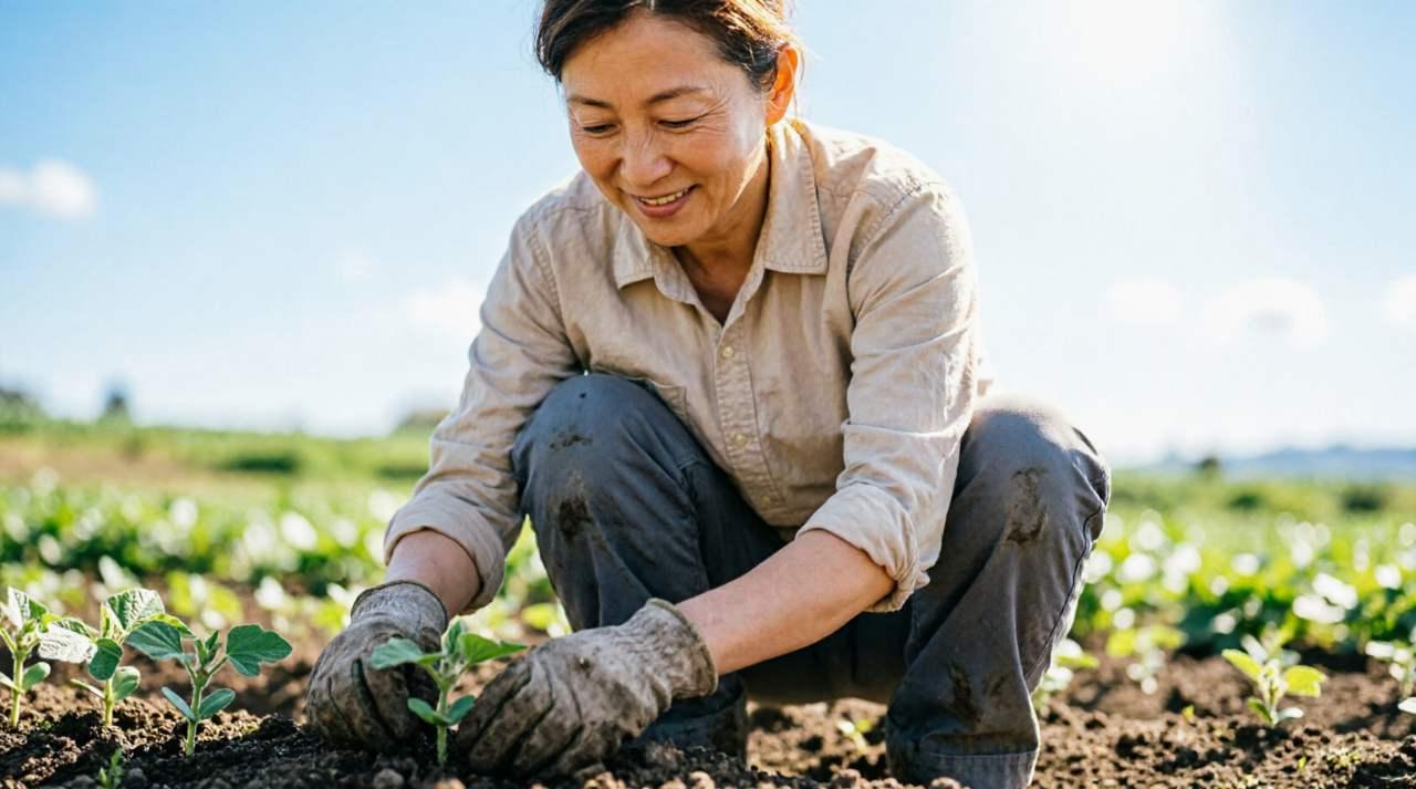 えんどう豆の栽培で良質な土作りと追肥を行う様子を示す圃場の画像