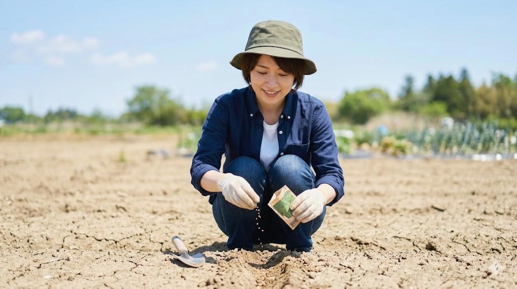 肥沃な土に植え付けたパセリの苗と家庭菜園の土壌