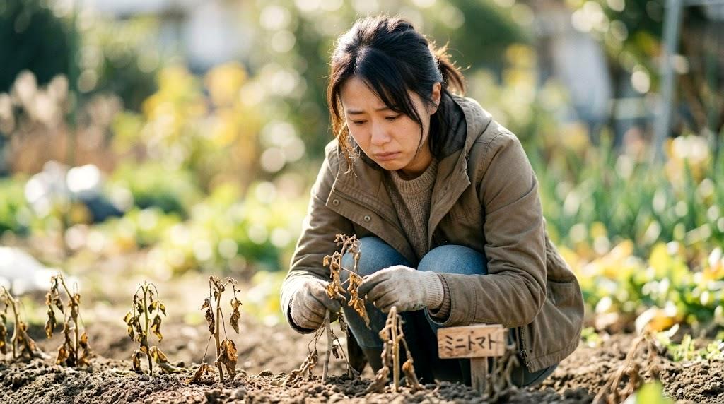 小松菜の葉を確認しながら管理する家庭菜園の作業風景