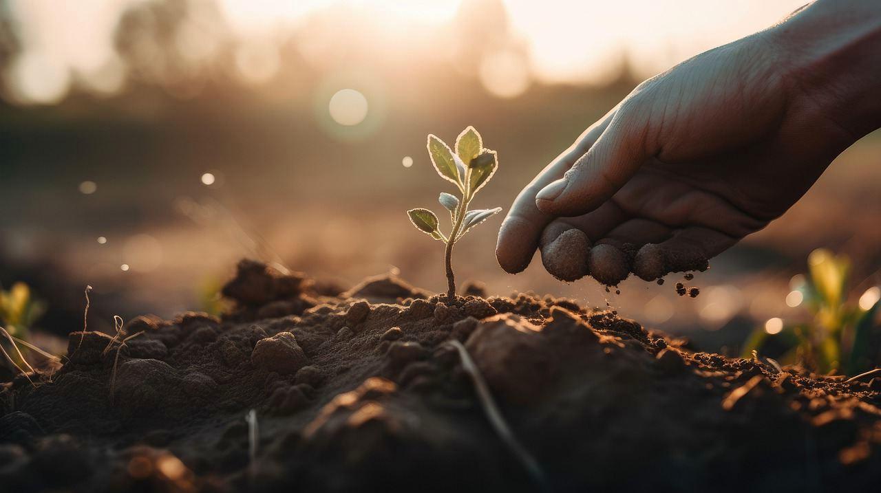春の暖かい時期に植え付けるゴーヤ苗と土の様子