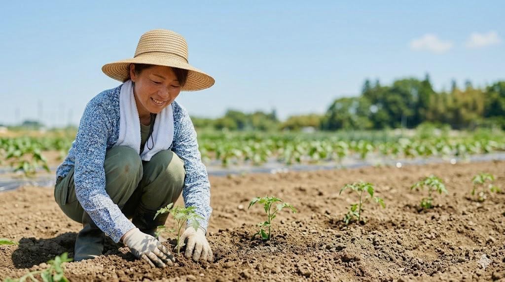 小松菜の周囲にハーブなどを植えて害虫を遠ざける家庭菜園の様子