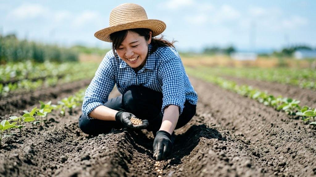 家庭菜園でイチゴが日光を浴びる様子とレイアウト設計のイメージ