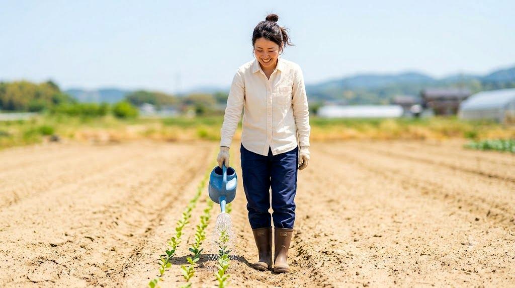 朝の時間帯にパプリカへ水やりをする家庭菜園の様子