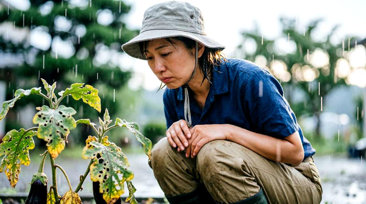 雨の日のルッコラ畑と気温変化に対応する栽培管理の様子