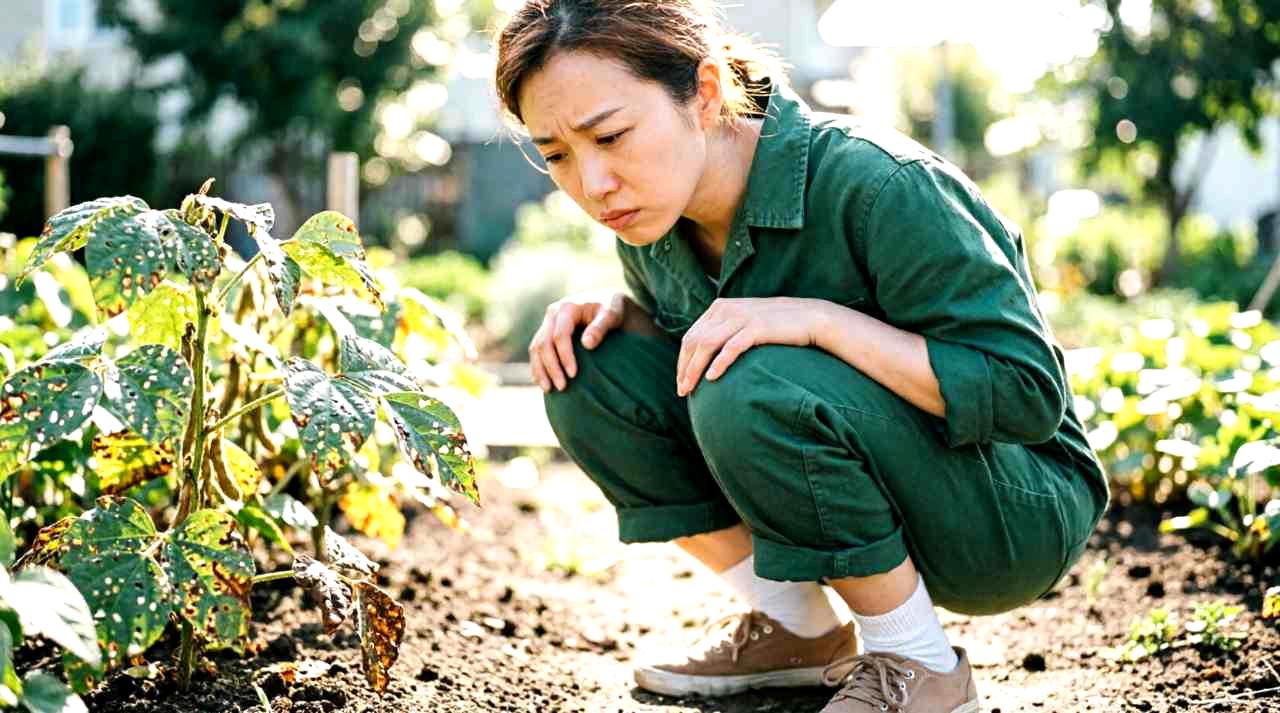 つるなしインゲンの株元で、わき芽を手で摘み取っている農家の手