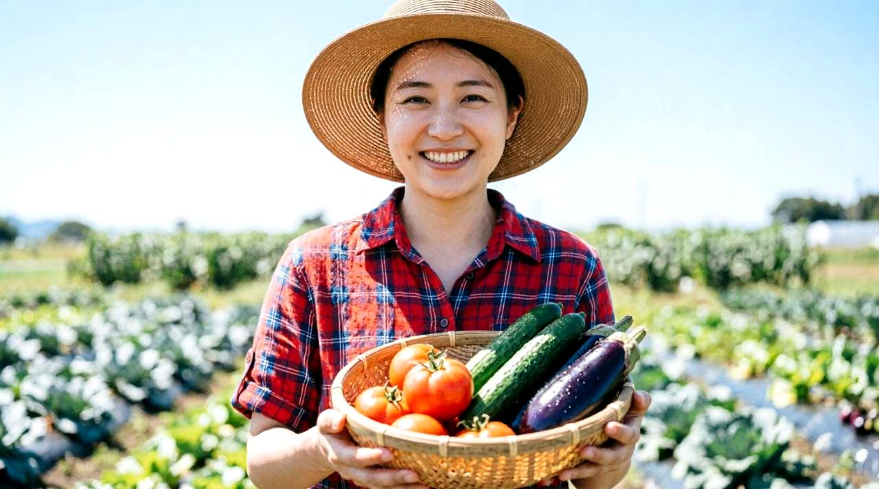 実をつけた元気なシシトウを収穫する様子