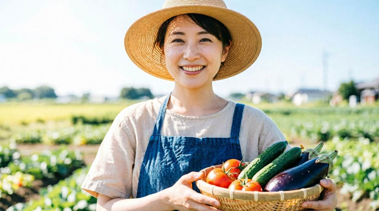 夕暮れ時の菜園で収穫したソラマメを手に持ち満足そうに微笑む様子