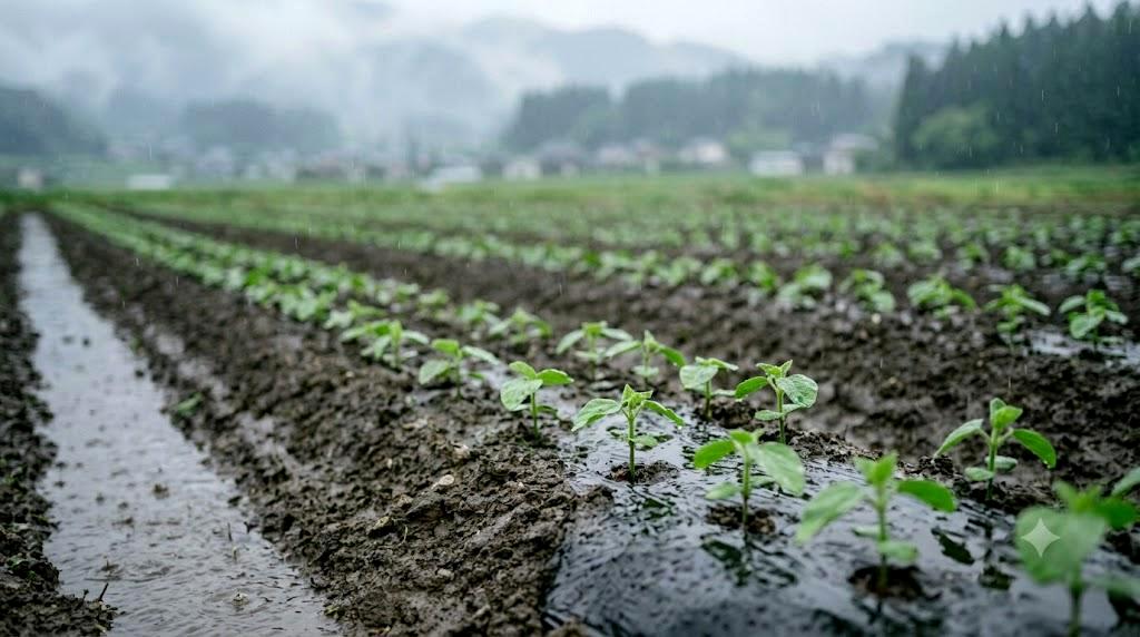 雨上がりの畝で春菊の株元に泥が付着している様子