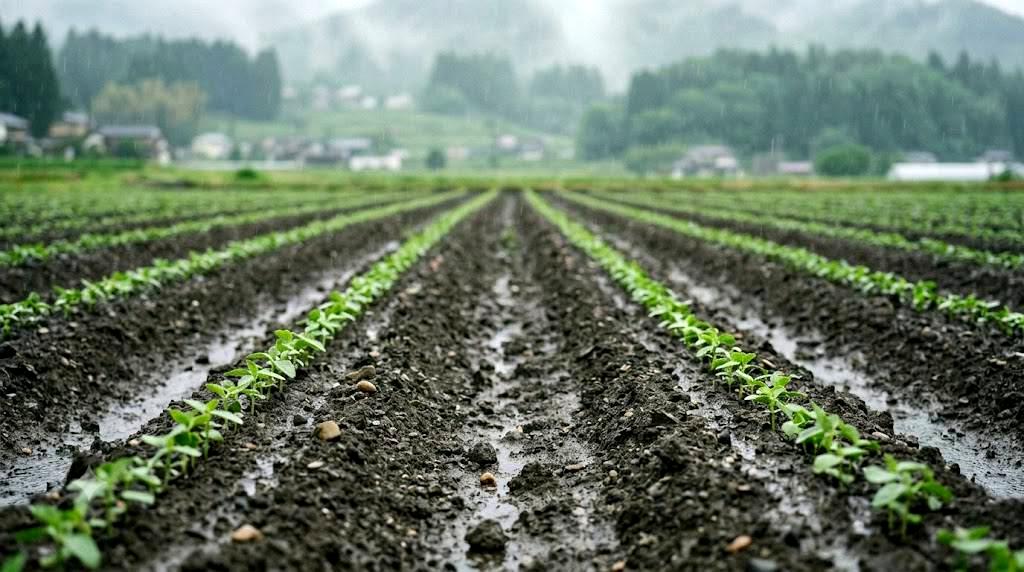雨で土が跳ねて絹さやの茎や葉に付着する状態