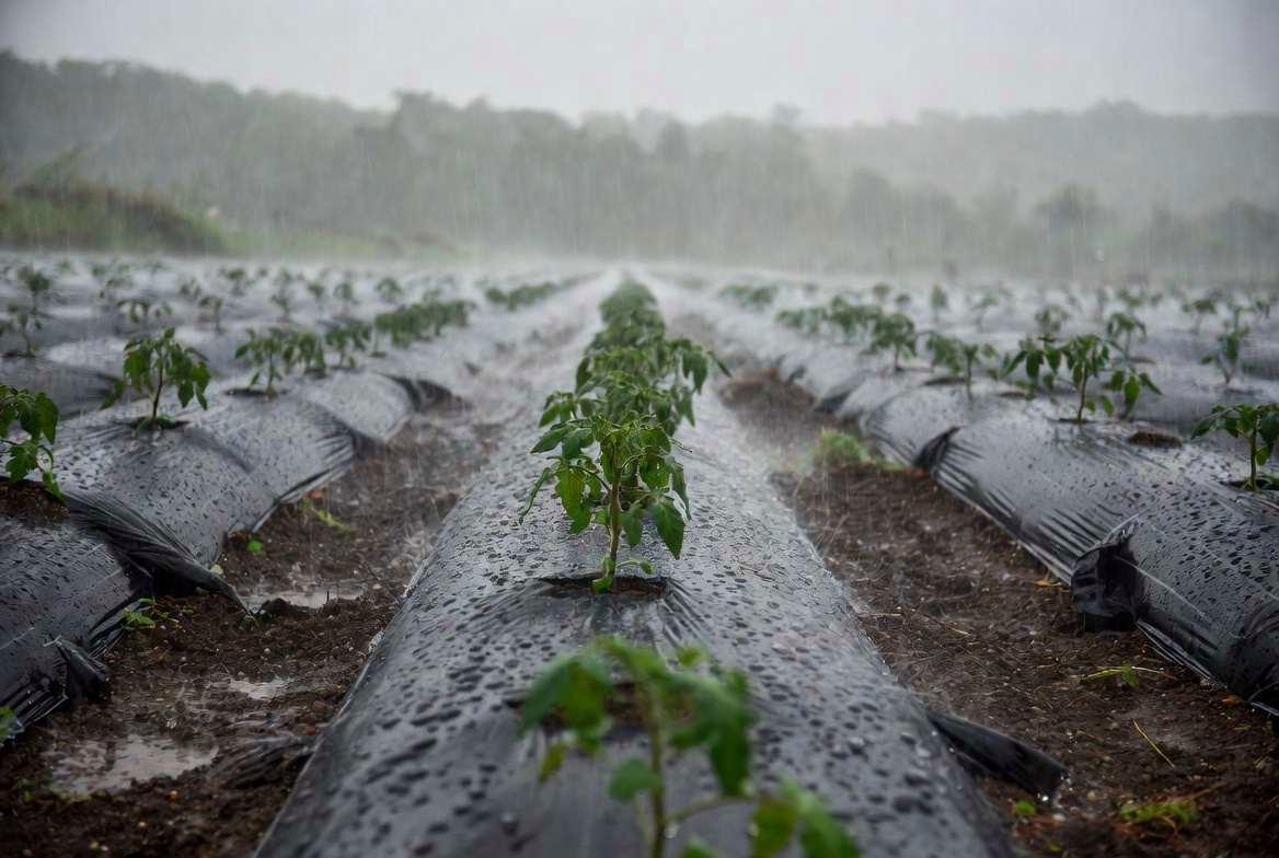 黒マルチで覆われたカボチャの株元。雨の日の泥跳ねを防ぎ、病気を予防するイメージ