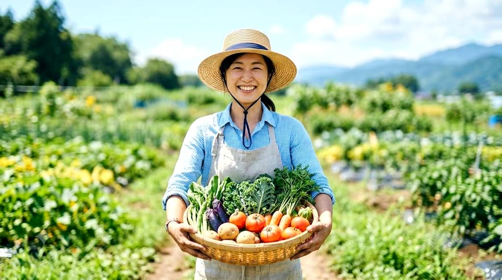 形の整ったキュウリを収穫した家庭菜園の様子