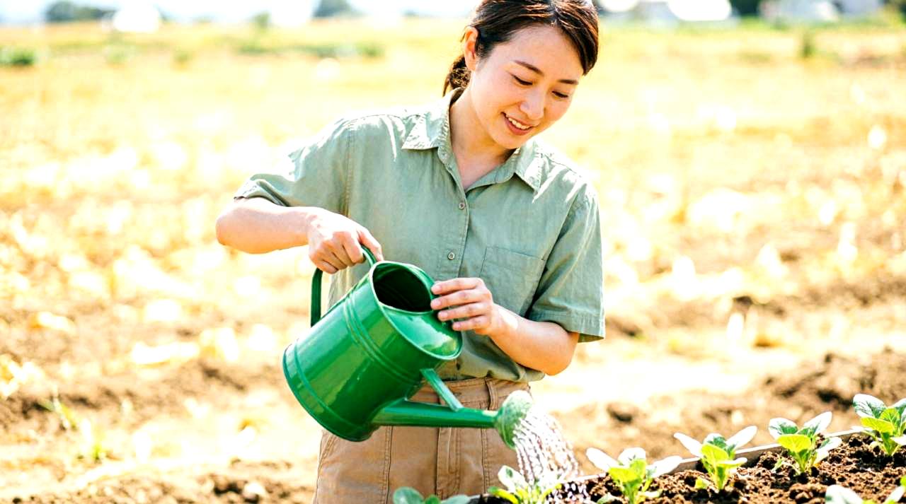 播種前後にやさしくかん水して発芽環境を整える様子