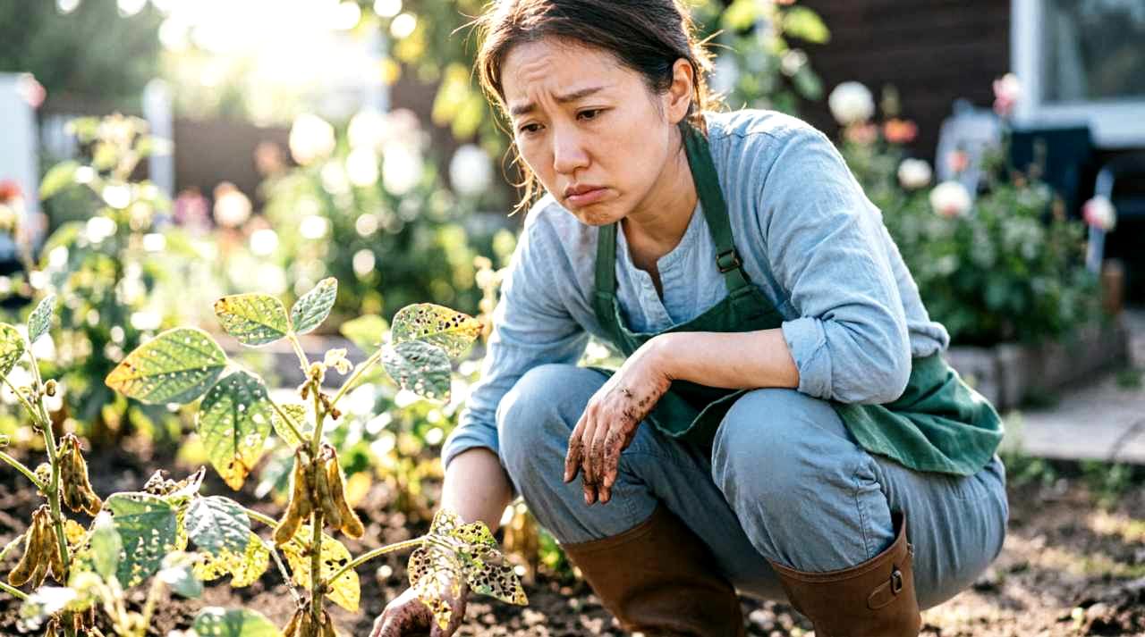 冬の温室で葉の裏側を丁寧に確認する農家の手元