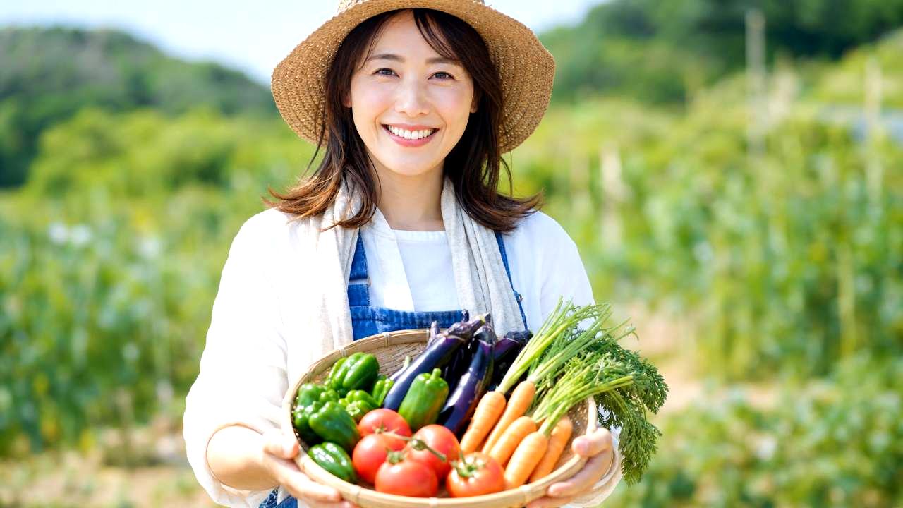 収穫したばかりの新鮮なルッコラの葉を手に持つ様子