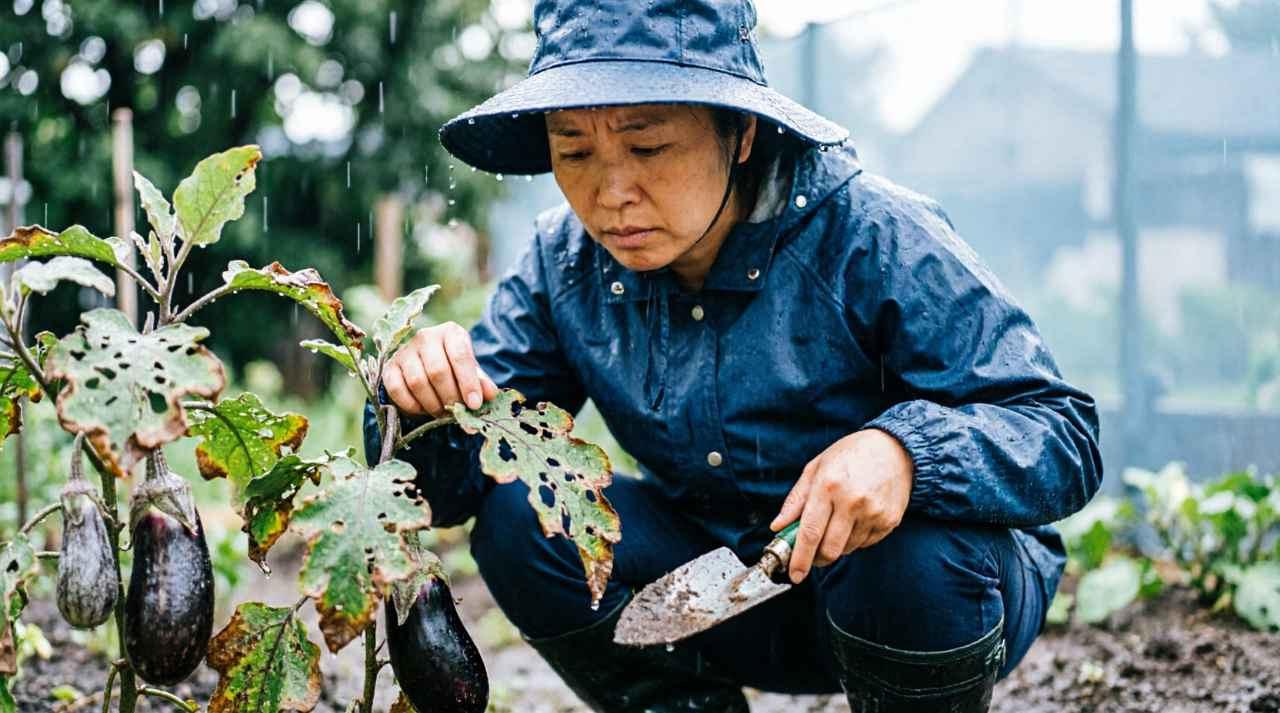 虫食い被害を受けたズッキーニの実を確認する様子