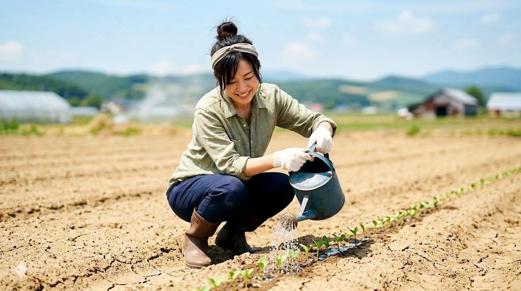 夕方にオクラへ追加で水やりをする家庭菜園の様子