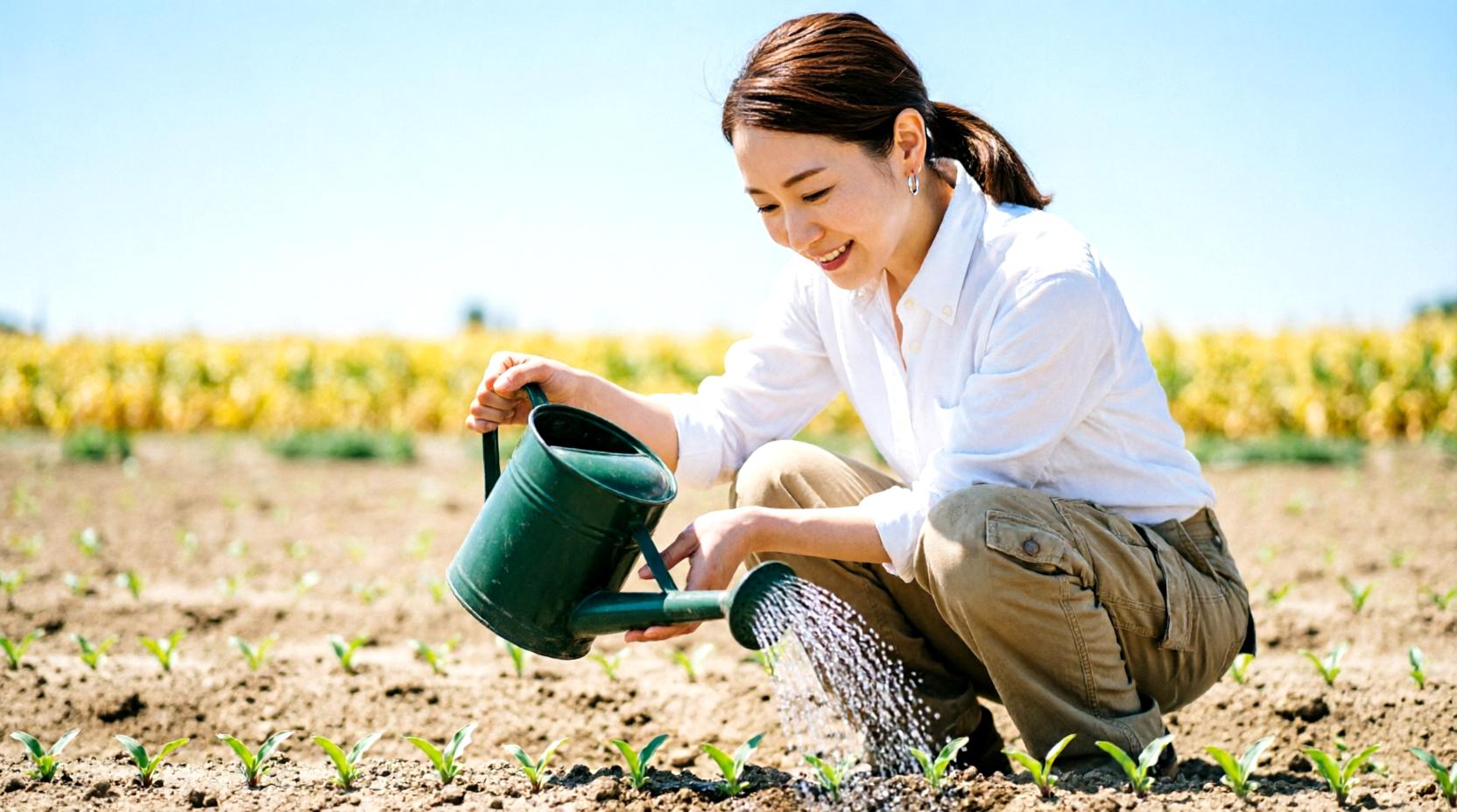 家庭菜園でインゲンの葉を観察し害虫を確認する様子